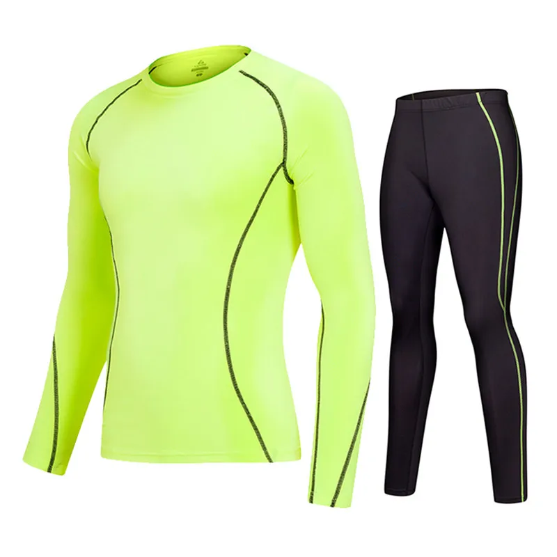Fluorescent green Спортивный комплект для мужчин и женщин, одежда для бега, Брендовое термобелье с базовым слоем, компрессионная спортивная одежда, футболка для бега, леггинсы - Цвет: Fluorescent green