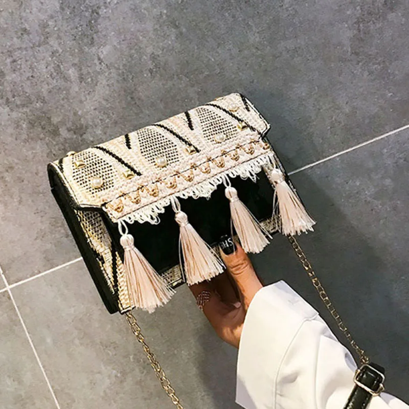 Women Fashion Pearl Straw Bags Bohemian Female Summer Tassel Handbag Lady Travel Knit Shoulder Bag Beach Chains Crossbody SS3282 (10)