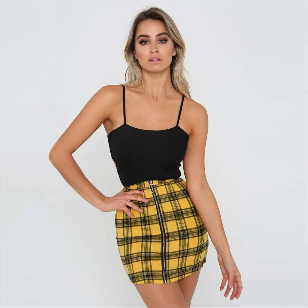 2018 Preppy Style Women Red Yellow Plaid Mini Skirts High Waist Front Zipper Sexy Skirts Skirts