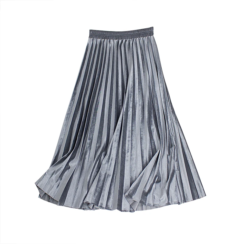 

Spring Fall Fashion Casual Women Ladies Silver Blue Black Pleated Velvet Skirt , Elastic High Waisted Velour Skirts For Woman