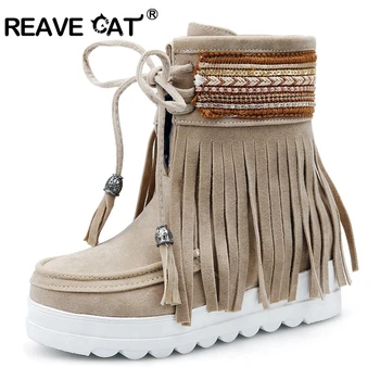 

REAVE CAT Women snow boots Autumn winter Ankle boots High quality Tassel Cross tie Flock Flat Fashion Comfortable New arriveA119
