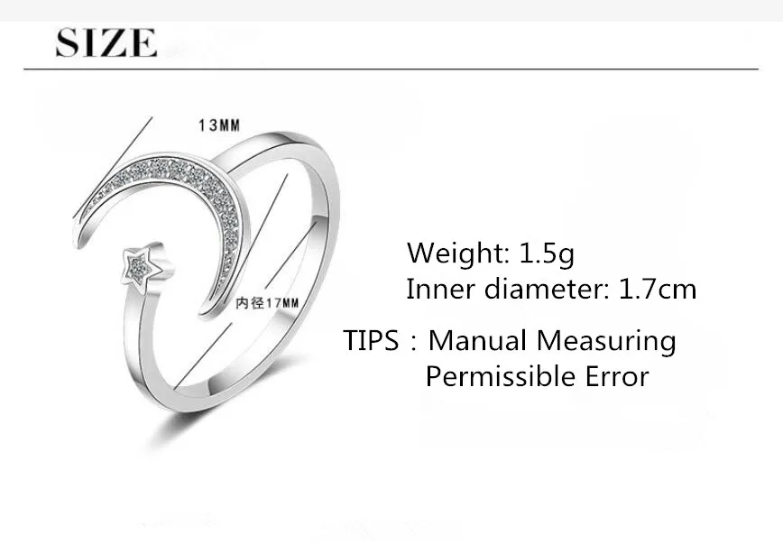 Новые чистые Горячие простые луна звезды Открытие Кольца для женщин 925 стерлингового серебра ювелирные изделия тренд личности вечерние Подарочные Кольца SAR54