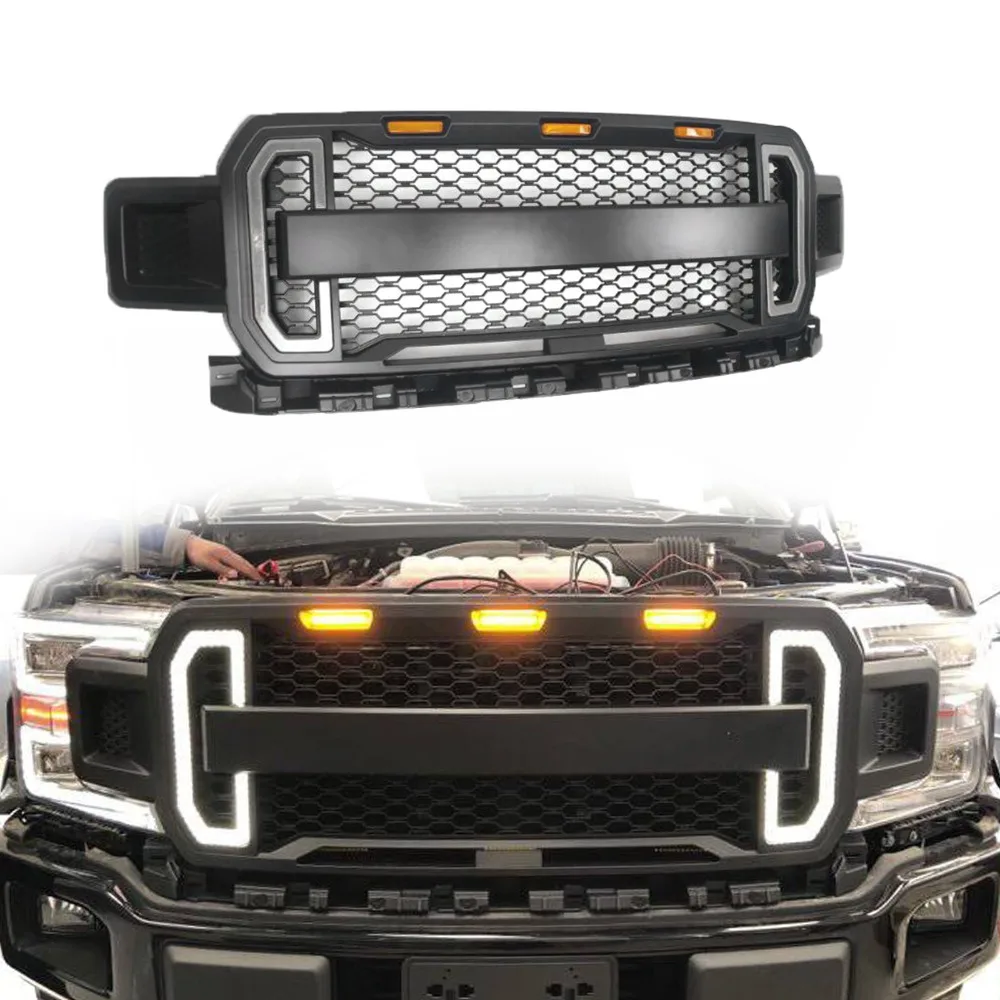 

Areyourshop car New Style Front Grill Grille With Amber Lights DRL For Ford F150 F-150 2018-2019 ABS Car Auto Accessories