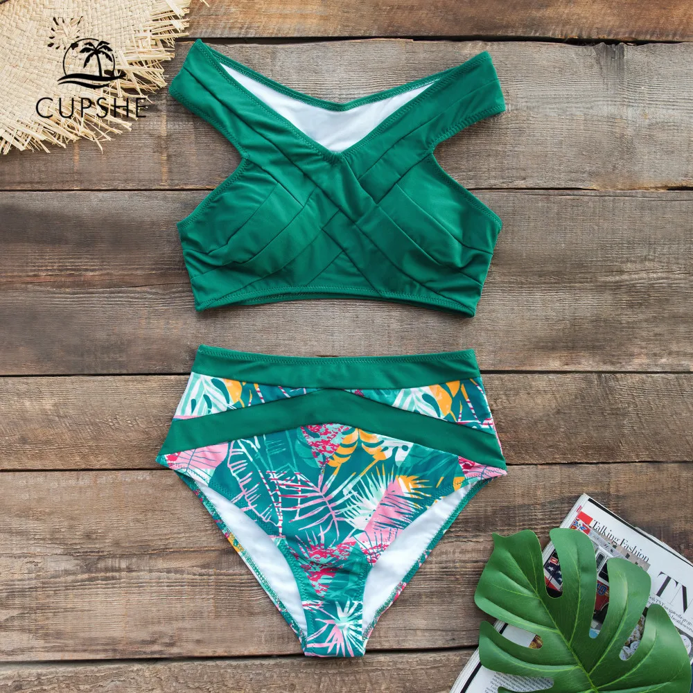 

CUPSHE Retro Palm Print Off-the-shoulder High Waist Bikini Sets Swimsuit Two Pieces Swimwear Women 2019 Girl Beach Bathing Suits