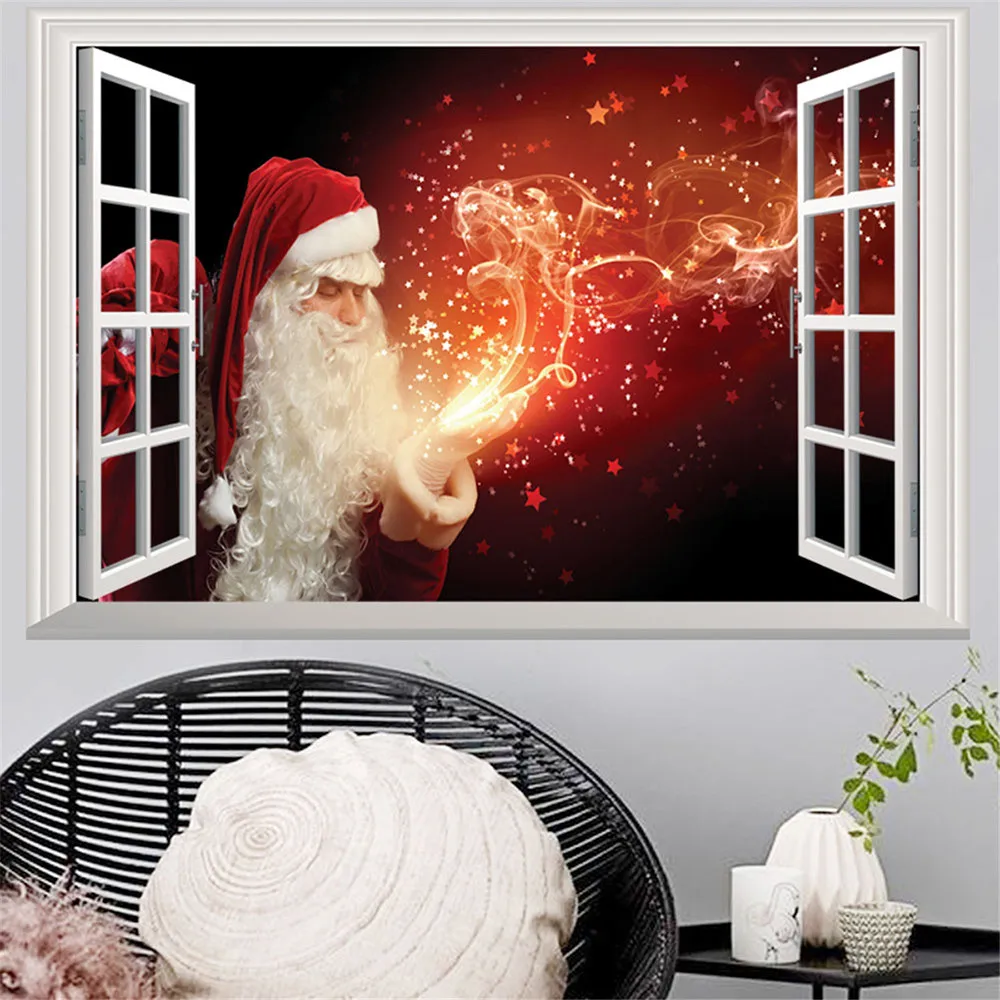 Merry Christmas 3D поддельные окна обои Санта Клаус Рождественская елка иллюстрация дома гостиная спальня арт деко стикер стены - Цвет: F