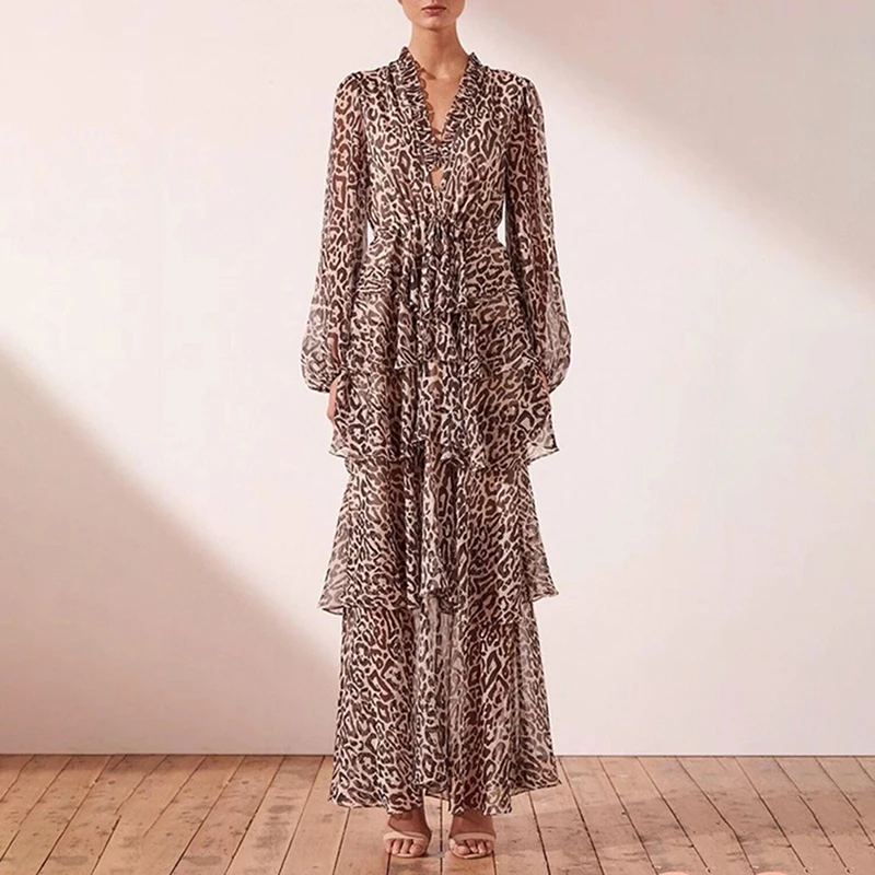 

EXCELLENT QUALITY Designer Dress for Women V-neck Leopard Print Cascading Ruffle Long Dress