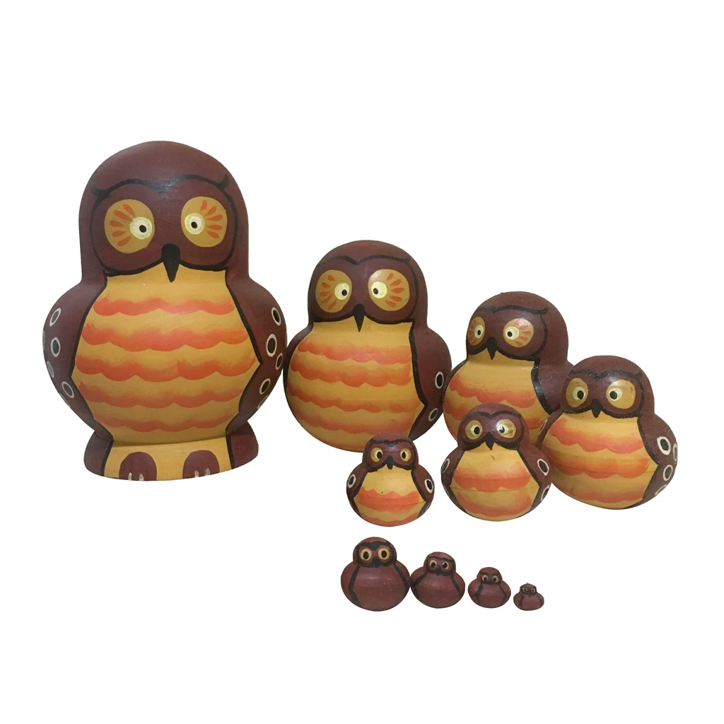 10 PCS Cute Cartoon Owl Pattern Handmade Wooden Russian Nesting Dolls For Kids Toy