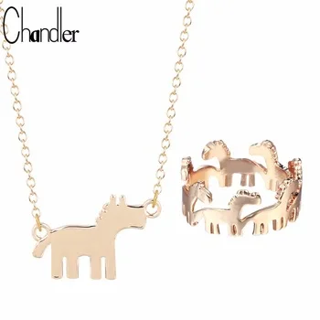 Chandler Brand New Hippo Dala Horse Stack Ring Necklace Animal Love Midi Finger Anillos Chain Colier For Women Jewelry Set Gifts