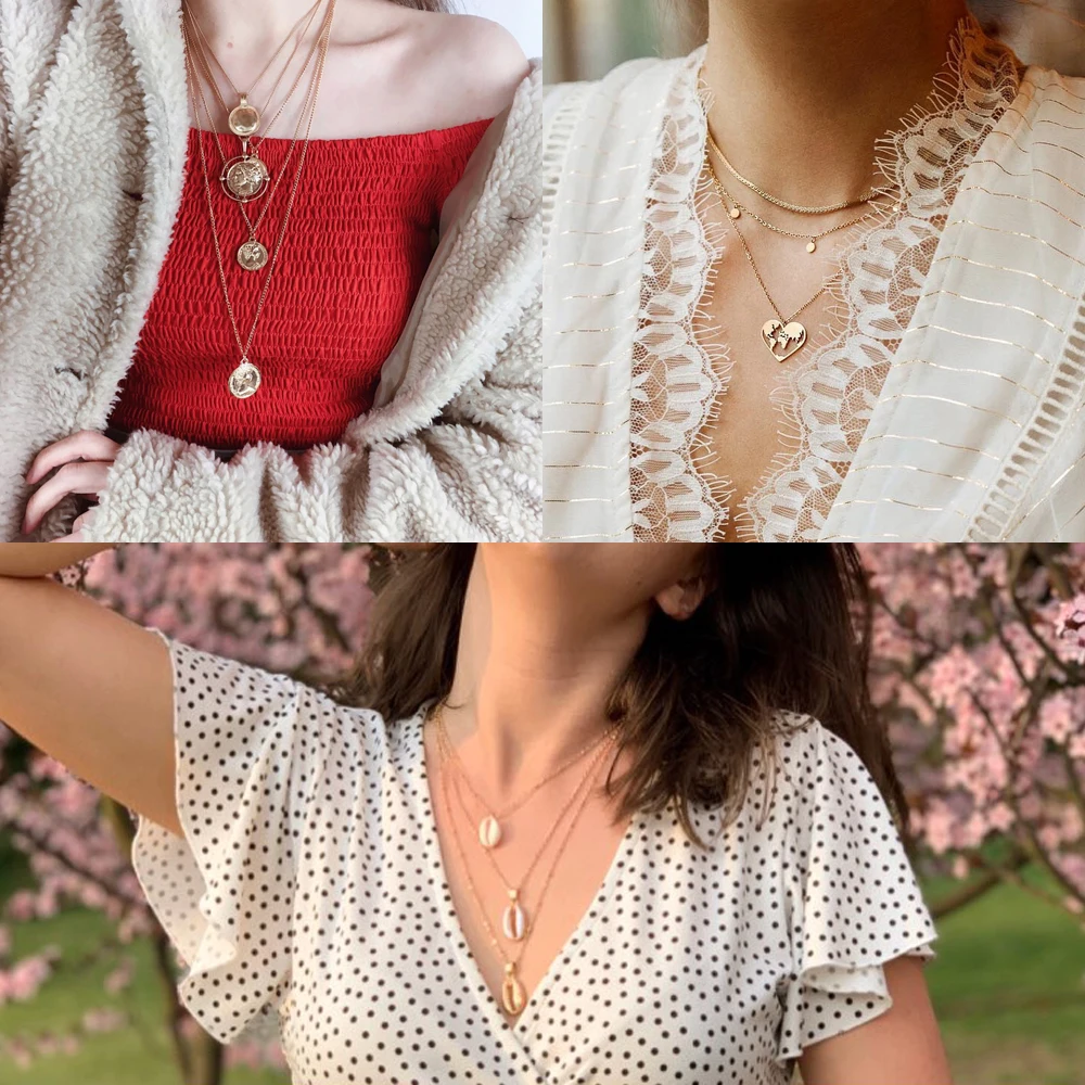 

17KM Moon Shell Map Beads Multi layer Necklaces 2019 For Women Y Gold Sliver Fashion Necklaces & Pendants Ocean Bohemian Jewelry