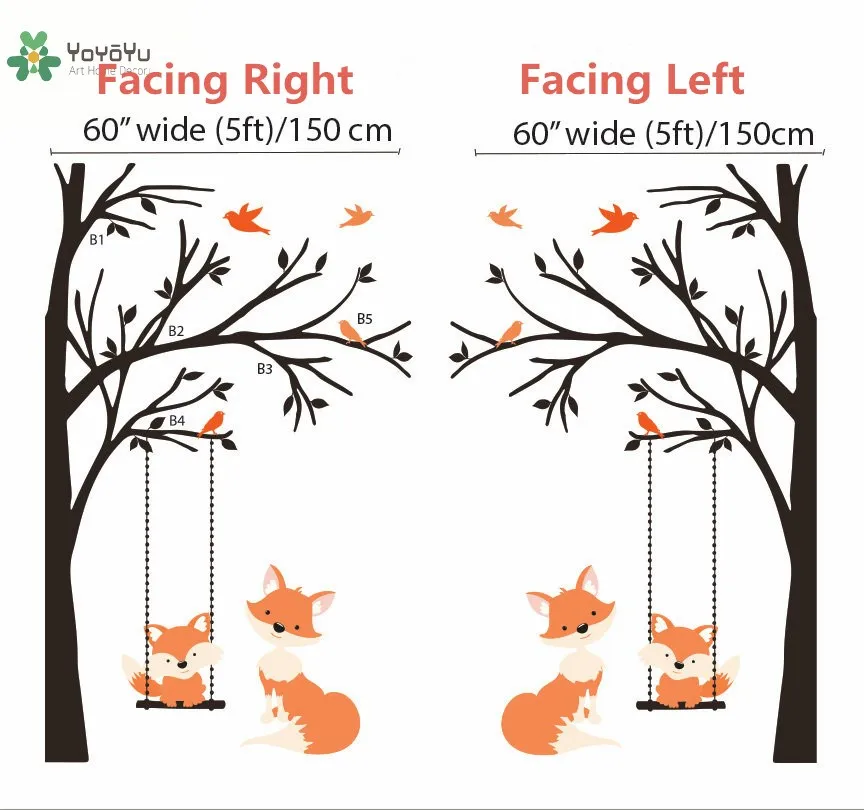 Наклейка на стену виниловая наклейка детское большое дерево с птицами и лисами качели на заказ любой цвет Настенная роспись для декора детской комнаты DIY WW-349