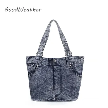 

Promotion casual tote bag for women designer blue denim shoulder bags portable large capacity weekend handbag for travel