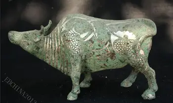 

12.8" Collect China Pure Bronze inlay Silver Handmade OX Oxen Bull Cow Statue