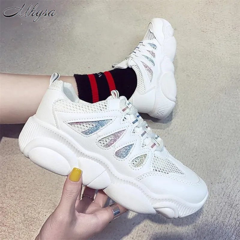 

Mhysa 2019 Women Casual Shoes Spring Mesh Women Flats Platform Lace-Up Fashion Breathable Women Little bear sole Sneakers T584