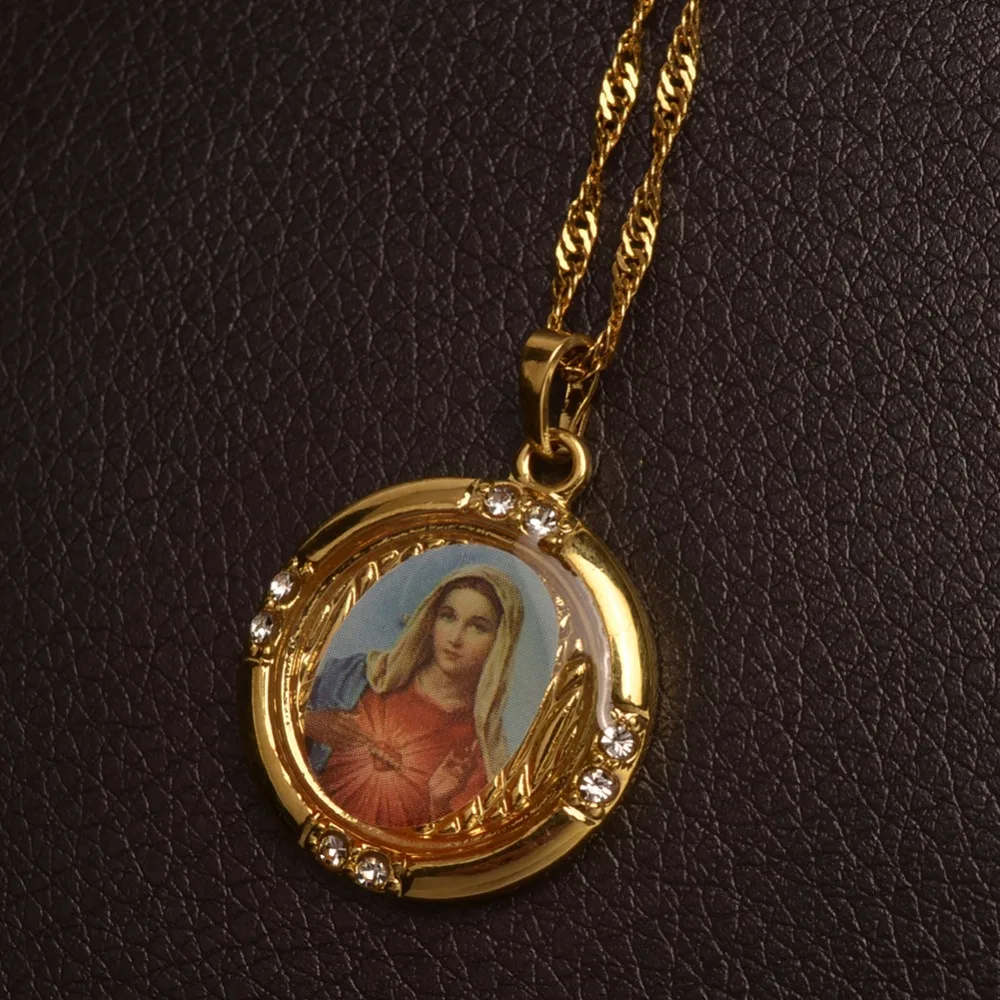 Anniyo,, Золотая эмаль на удачу, пресвязанная Дева Марии, подвеска, ожерелья на цепочке для женщин, девушек, христианство, ювелирные изделия#056304
