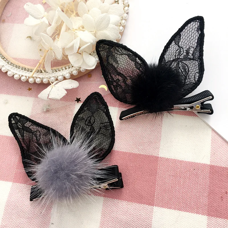 New lace rabbit ears hair clip mink ball hairpin fashion duckbill clips