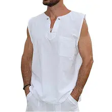 Мужские летние повседневные рубашки хлопчатобумажные топы без рукавов в стиле ретро с v-образным вырезом