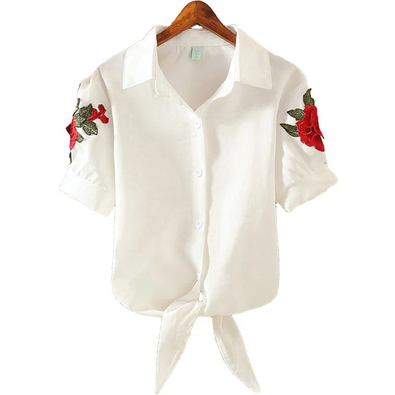 

Floral Embroidery Striped Blouse Women Short Sleeve Shirt Casual Cotton Blusa Plus Size Tops Office Lady Blusas 2019 New Summer