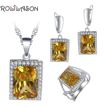 

ROLILASON Romantic anniversary gift For girl Yellow Zircon Square Design 925 Silver Earrings Necklace Rings Jewelry Sets JS752