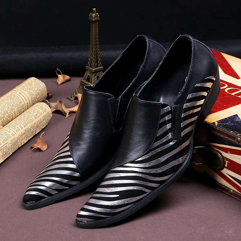 

Italian Men Dress Shoes Vintage Striped Genuine Leather Men Shoes Printed Party Wedding Handmade Loafers Slip on Men Flat
