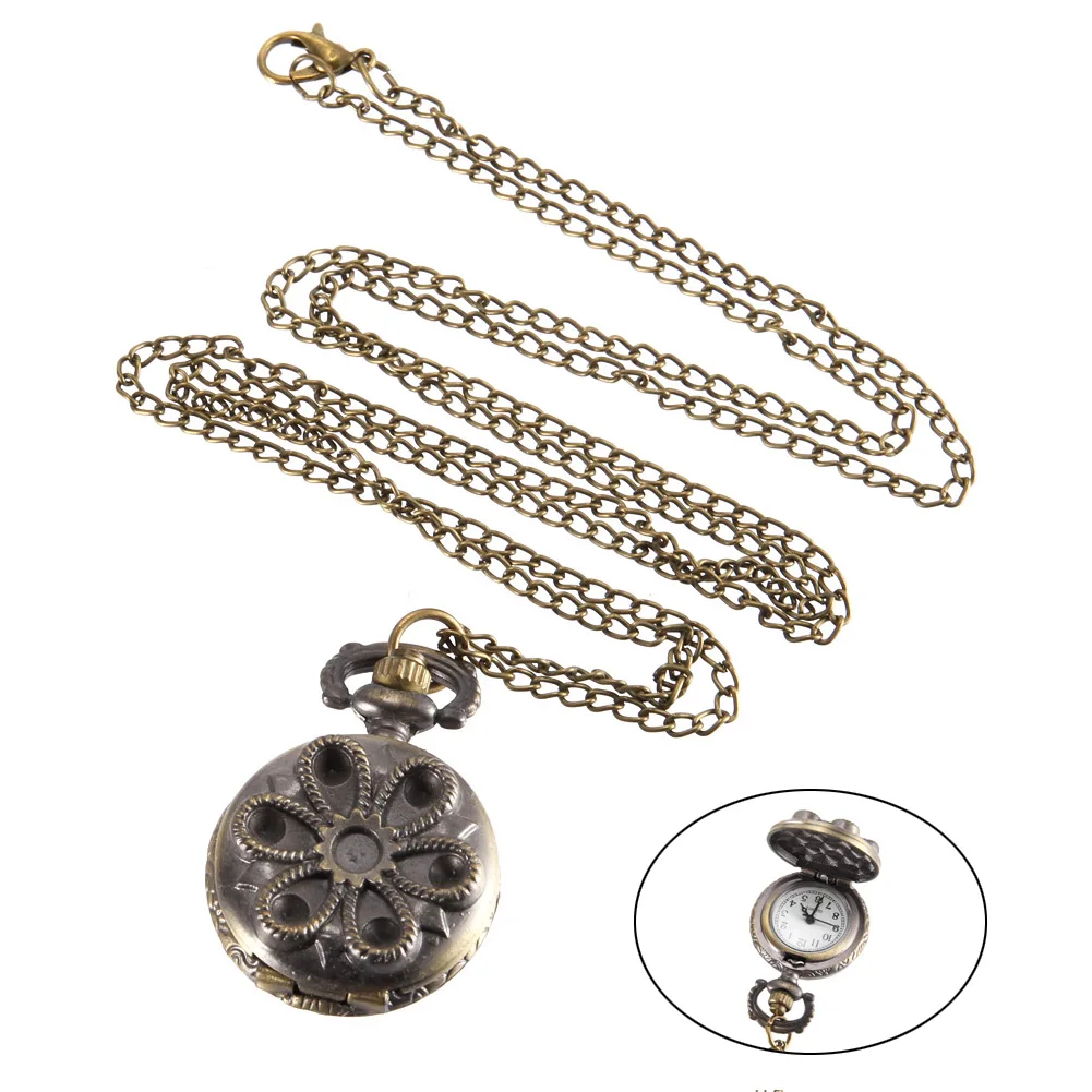 

Vintage Pocket Watch Bronze Color Quartz Watch Cool Chain Hollow Flower Watches LL@17