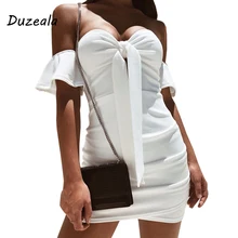 

Duzeala Off Shoulder Bow Tie Up Mini Dress Summer 2018 Ladies Elegant Pleated Strapless Party Bodycon Dresses Women Vestidos