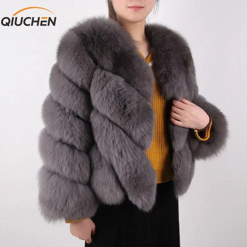 

QIUCHEN PJ5074 2019 free shipping new arrival women real fox fur winter coat genuine fur short coat long sleeves