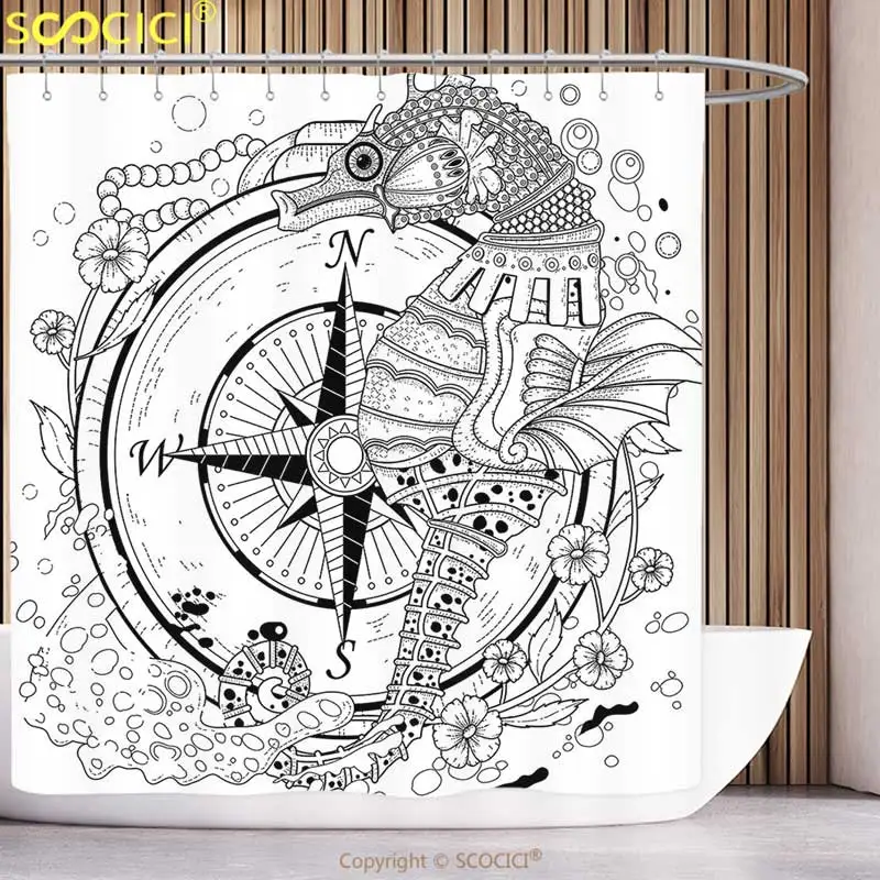 

Cool Shower Curtain Compass Decor Giant Seashore All over Compass in Exquisite Ornate Detailed Motifs Ocean Animal Print Black