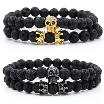 Luxury 2Pcs/Set Natural Lava Stone Beads Male Pave CZ Skull Crown Bracelet Bangle Sets For Mens Women Hand Jewelry Homme Bijoux