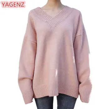 

YAGENZ Loose Womens Knit Sweaters Tops Fashion V collar Solid color Pullovers Plus size New Spring Autumn Young lady Sweater 861