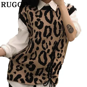 

RUGOD 2019 Leopard Vintage Wome Sweaters Vest Loose V-Neck Women Vest Knitted Warm Korean Fashion Women Tops crop top women