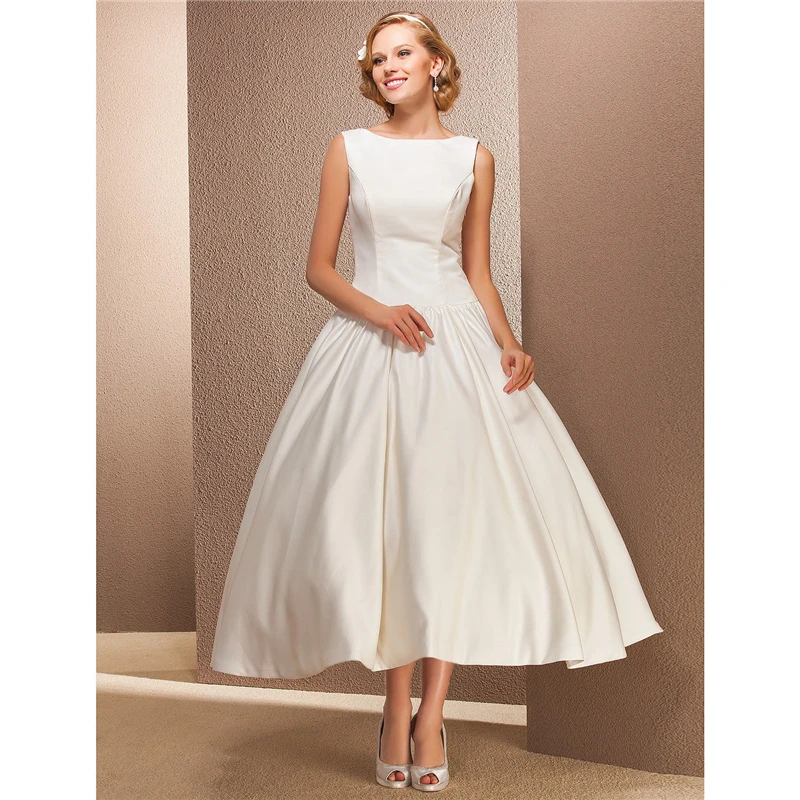 LAN TING BRIDE A Line Bateau Neck Tea Length Wedding Dress ...