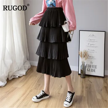 

RUGOD Vintage Long Maxi Ruffles Skirts women Fashion Solid Natural waist Ball Gown skirts lady office Summer Fashion cake skirt