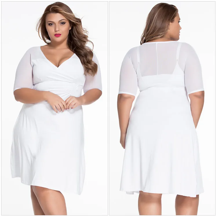 Adogirl 2017 Sexy Big Sizes XXL Mesh Half Sleeves Women Midi Dresses White-1