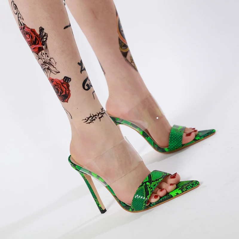 

Green Serpentine Print Women's High Heels Slippers Pointed Open Toe Slip On Transparent Sandals Slides Party Sexy Mules Shoes