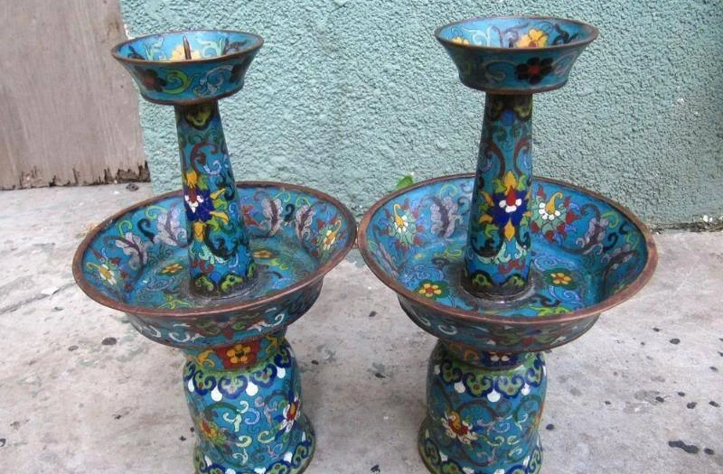 

12"China Royal Refined Copper Copper Cloisonne Enamel candleholder Vase pair