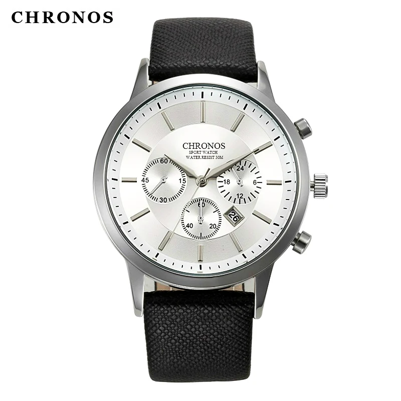 2016 Luxury Brand CHRONOS Watch Men Waterproof Date Leather Strap Clock Casual Quartz Watch Sport Wristwatches Relogio Masculino
