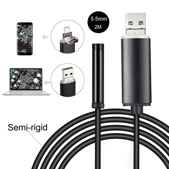 

2M Semi-Rigid USB Endoscope 0.3MP Borescope 5.5mm Probe Camera Waterproof Inspection Borescope 6 LEDs USB Wire Snake Tube Camera