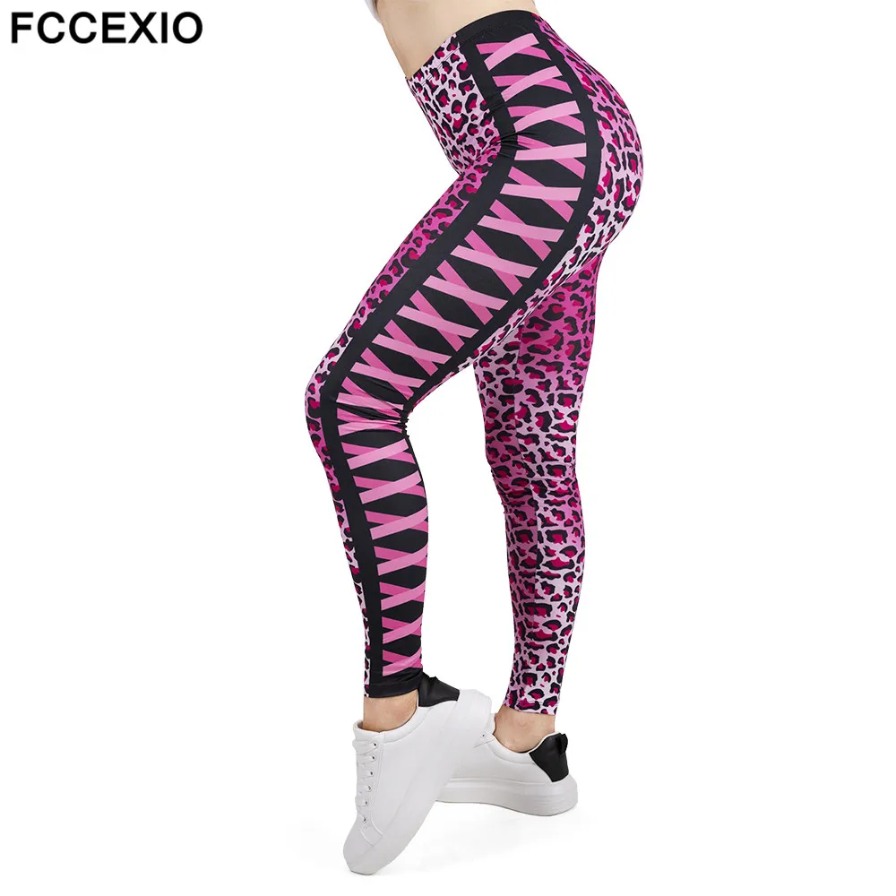 

FCCEXIO Women Leggings High Waist Fitness Legging Pink Leopard 3D Print Leggins Female Pants New Workout Leggings Slim Trousers