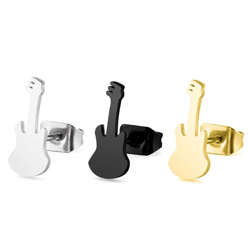 CHUKUI Rock Gold Guitar Earrings Men Women Stainless Steel Black Fashion Musical Instruments Jewelry Ear Stud (6)