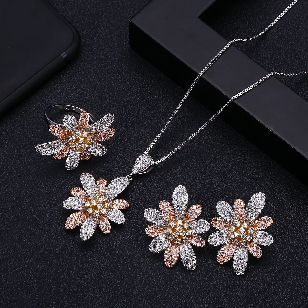 

Accking Luxury Flower Cubic ZIRCON RING EARRINGS AND NECKLACE ring bracelet BRIDAL JEWELRY SET WEDDING DRESS ACCESSARIES