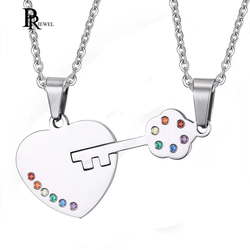 

1Set Stainless Steel "Key to Heart" Rainbow Crystal Couple Pendant Necklace for Gay Lesbian Pride Promise