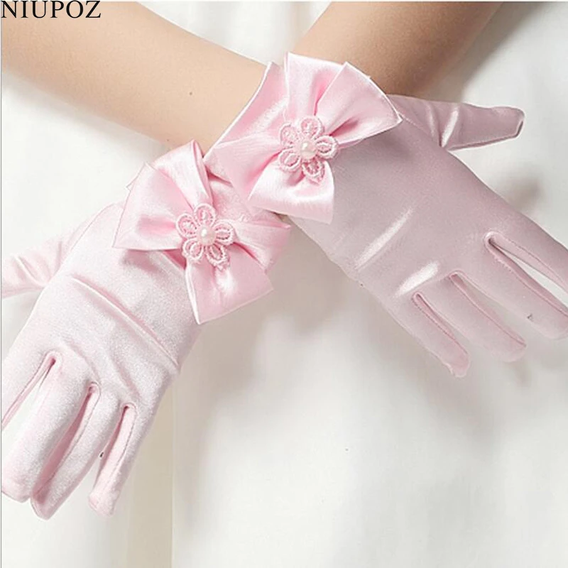 Guantes elásticos blancos para niñas lazo de encaje co ropa formal Guantes elásticos blancos para niñas lazo de encaje co ropa formal