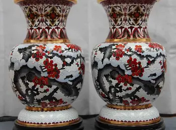 

12 Palace Copper Cloisonne Gilt Enamel Jiang Xue plum blossom Jar Pot Vase Pair 8.02