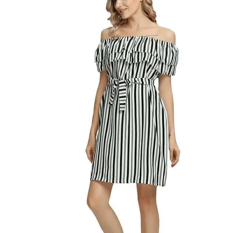 

Beach Striped Dress Vetement Femme 2018 Summer Clothes Women Bare Shoulder Dresses Sexy Casual Sundress Woman Off Shoulder Dress