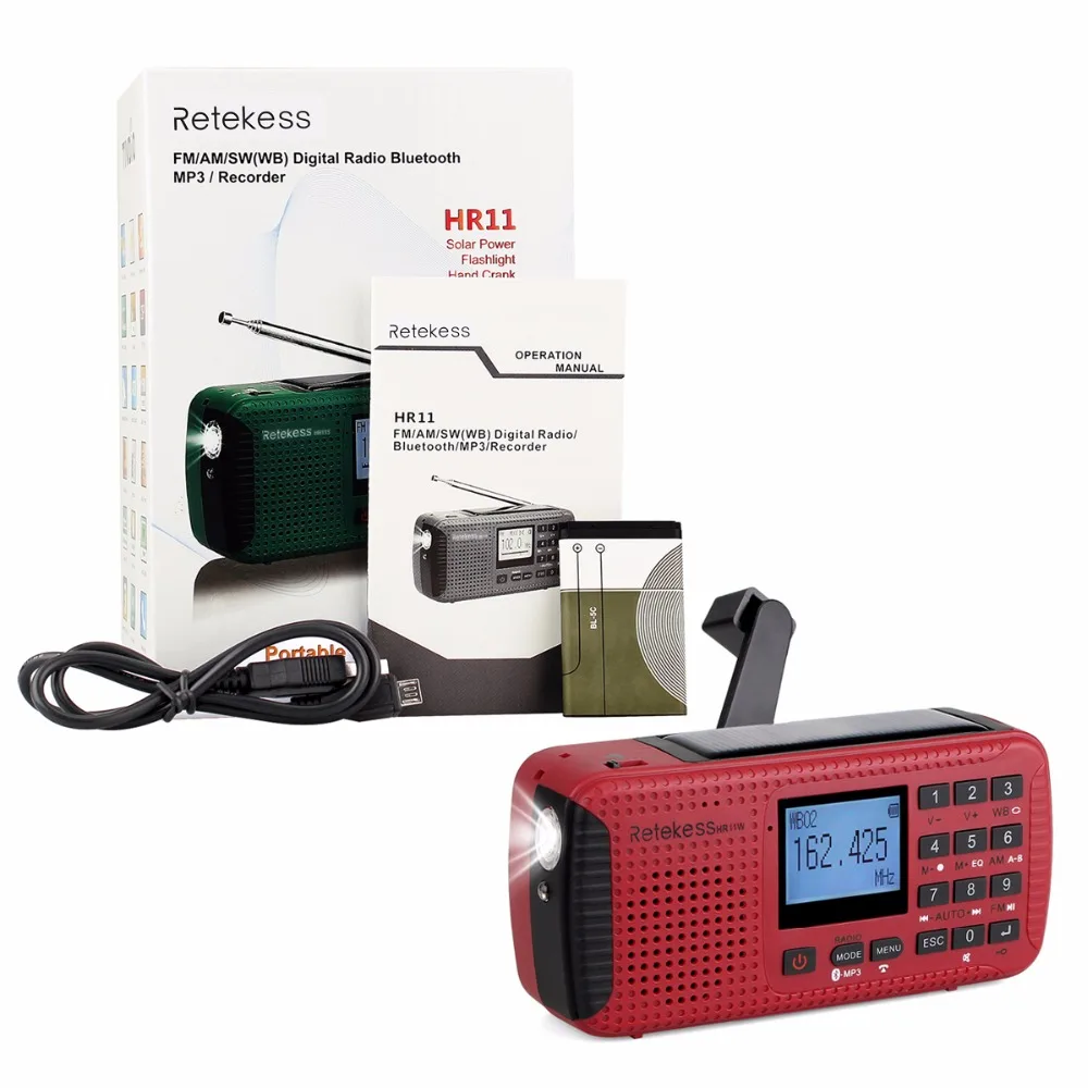 RETEKESS HR11W NOAA погодное радио FM AM аварийный SOS ручной Солнечный приемник с Bluetooth MP3 плеер цифровой рекордер