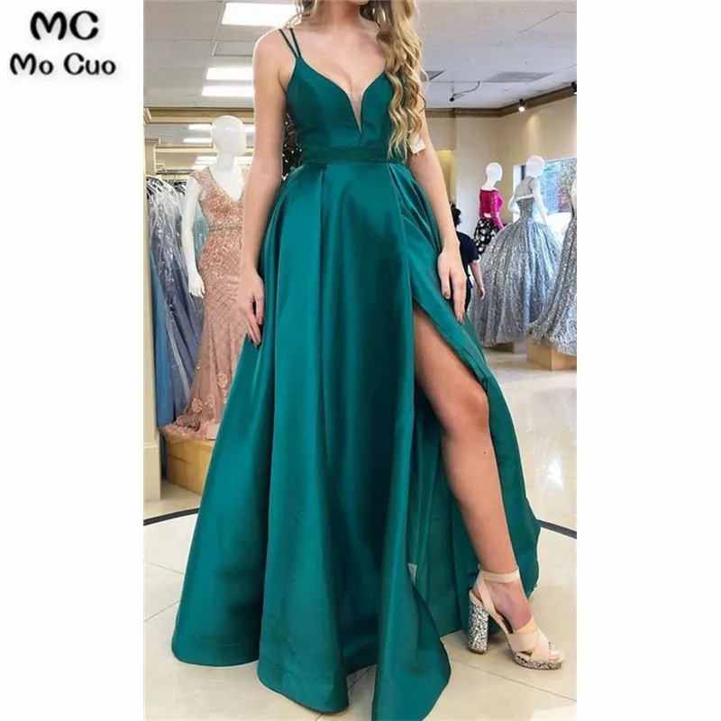 DOUBLE SPAGHETTI STRAPS SPLIT SIDE LONG PROM DRESSES EVENING DRESSES
