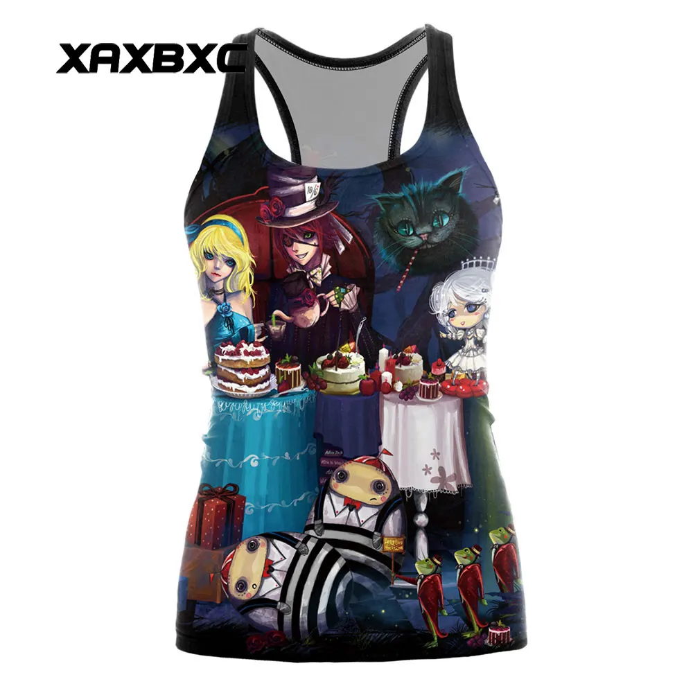 

XAXBXC 008 Summer Sexy Girl Sleeveles Tank Tops Alice in Wonderland Cartoon Dolls Prints Elastic Slim Fitness Women Top Vest