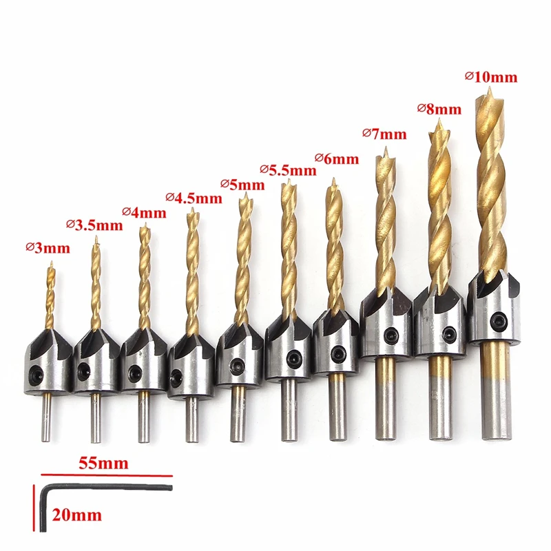 

3-10mm HSS 5 Flute Countersink Drill Bit Set Drilling Pilot Holes Carpentry Reamer Woodworking Chamfer Drill Bit