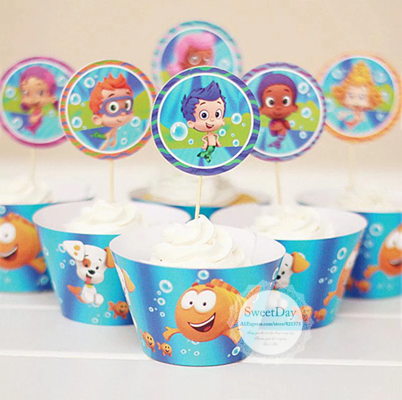 

Free Shipping Bubble Guppies cupcake wrappers toppers cake picks birthday party decorations favors supplies kids girl