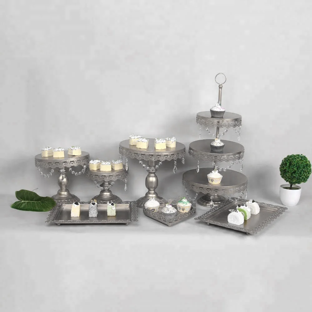 Wholesale 3 Tier Set Crystal 7 pcs Silver Hanging Cake Standin Stands